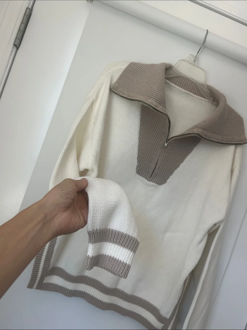 ZSUPPLY Cream Zip-Front Sweater with Taupe Contrast Collar